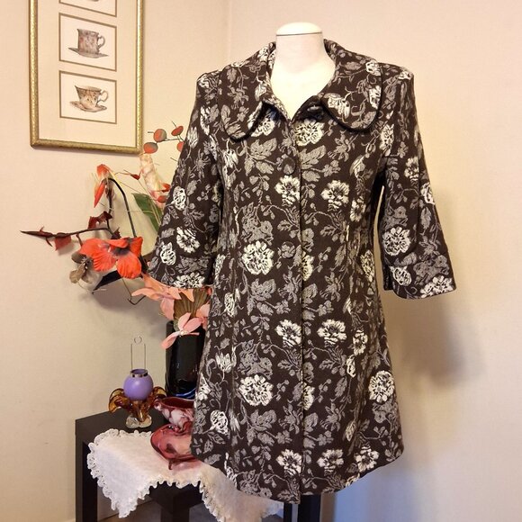 NEW Women’s Elegant Pea Coat Brown White Floral Lined Trench Coat ¾ Sleeve 18 XL - Picture 3 of 9